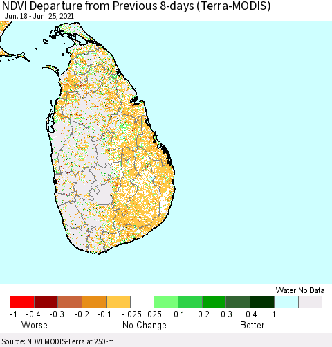 Sri Lanka NDVI Departure from Previous 8-days (Terra-MODIS) Thematic Map For 6/18/2021 - 6/25/2021