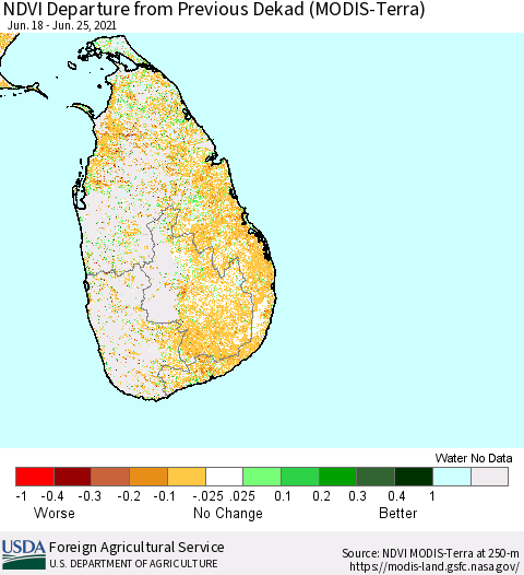 Sri Lanka NDVI Departure from Previous Dekad (Terra-MODIS) Thematic Map For 6/21/2021 - 6/30/2021