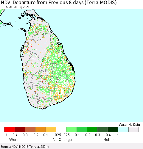 Sri Lanka NDVI Departure from Previous 8-days (Terra-MODIS) Thematic Map For 6/26/2021 - 7/3/2021