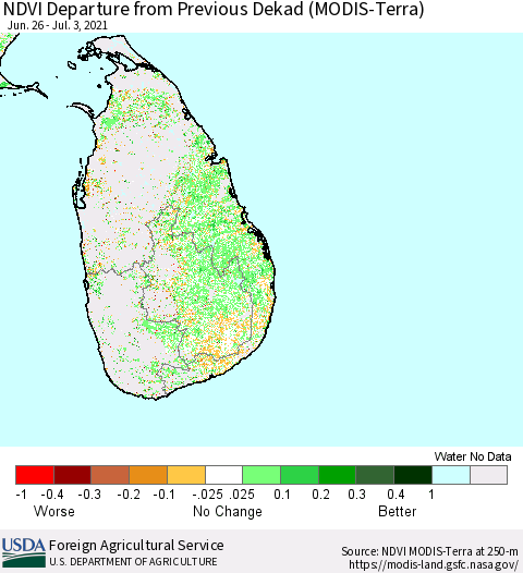 Sri Lanka NDVI Departure from Previous Dekad (Terra-MODIS) Thematic Map For 7/1/2021 - 7/10/2021