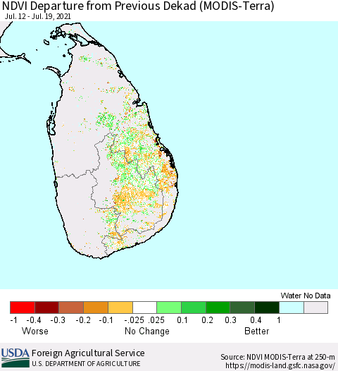 Sri Lanka NDVI Departure from Previous Dekad (Terra-MODIS) Thematic Map For 7/11/2021 - 7/20/2021