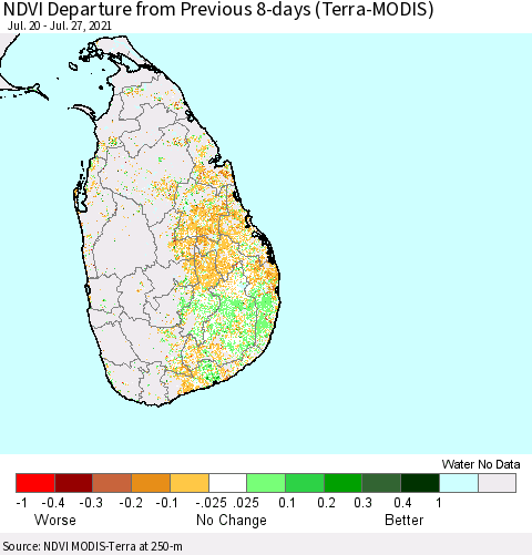 Sri Lanka NDVI Departure from Previous 8-days (Terra-MODIS) Thematic Map For 7/20/2021 - 7/27/2021
