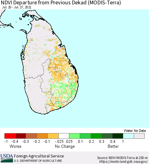 Sri Lanka NDVI Departure from Previous Dekad (Terra-MODIS) Thematic Map For 7/21/2021 - 7/31/2021