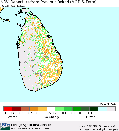 Sri Lanka NDVI Departure from Previous Dekad (Terra-MODIS) Thematic Map For 8/1/2021 - 8/10/2021