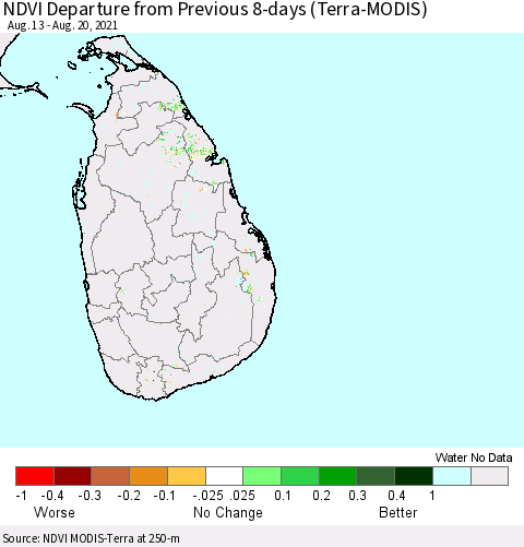 Sri Lanka NDVI Departure from Previous Dekad (Terra-MODIS) Thematic Map For 8/11/2021 - 8/20/2021
