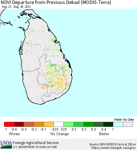 Sri Lanka NDVI Departure from Previous Dekad (Terra-MODIS) Thematic Map For 8/21/2021 - 8/31/2021