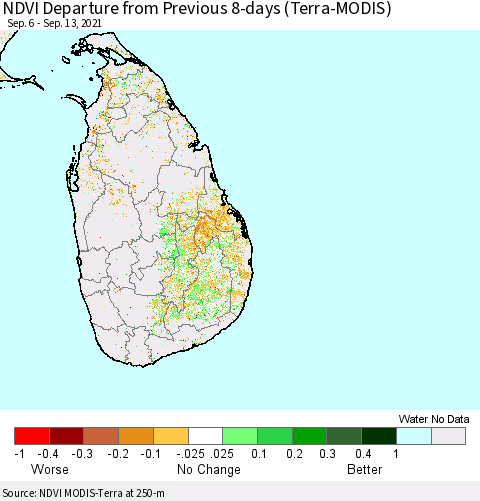 Sri Lanka NDVI Departure from Previous 8-days (Terra-MODIS) Thematic Map For 9/6/2021 - 9/13/2021