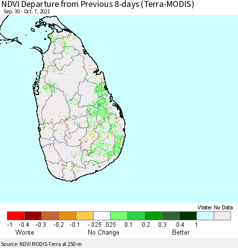 Sri Lanka NDVI Departure from Previous 8-days (Terra-MODIS) Thematic Map For 9/30/2021 - 10/7/2021