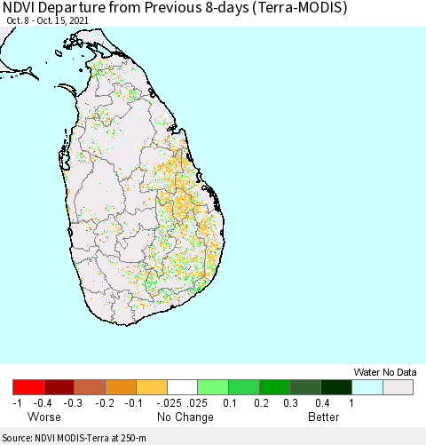 Sri Lanka NDVI Departure from Previous 8-days (Terra-MODIS) Thematic Map For 10/8/2021 - 10/15/2021