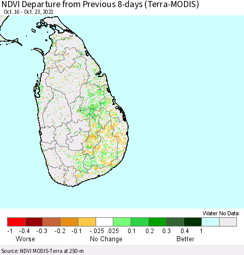 Sri Lanka NDVI Departure from Previous 8-days (Terra-MODIS) Thematic Map For 10/16/2021 - 10/23/2021