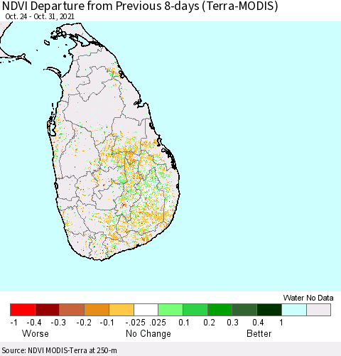 Sri Lanka NDVI Departure from Previous 8-days (Terra-MODIS) Thematic Map For 10/24/2021 - 10/31/2021