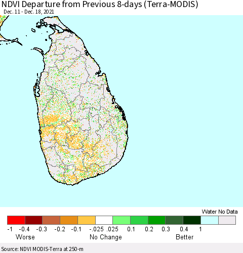 Sri Lanka NDVI Departure from Previous 8-days (Terra-MODIS) Thematic Map For 12/11/2021 - 12/18/2021