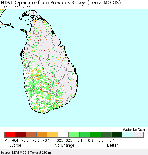 Sri Lanka NDVI Departure from Previous 8-days (Terra-MODIS) Thematic Map For 1/1/2022 - 1/8/2022