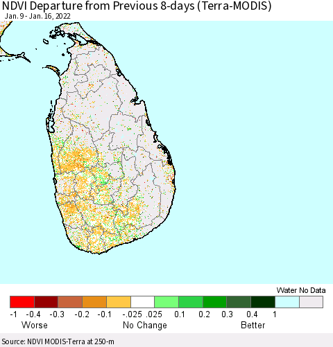Sri Lanka NDVI Departure from Previous 8-days (Terra-MODIS) Thematic Map For 1/9/2022 - 1/16/2022