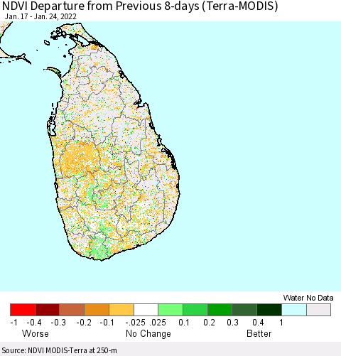 Sri Lanka NDVI Departure from Previous 8-days (Terra-MODIS) Thematic Map For 1/17/2022 - 1/24/2022