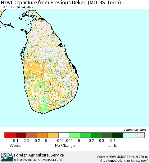 Sri Lanka NDVI Departure from Previous Dekad (Terra-MODIS) Thematic Map For 1/21/2022 - 1/31/2022