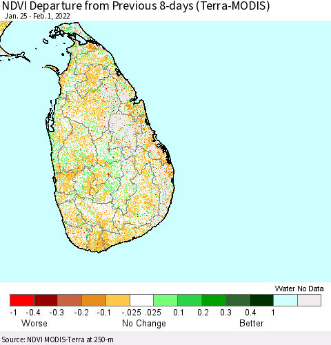 Sri Lanka NDVI Departure from Previous 8-days (Terra-MODIS) Thematic Map For 1/25/2022 - 2/1/2022