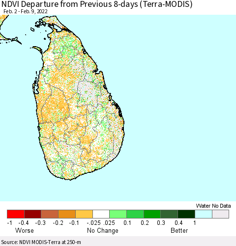 Sri Lanka NDVI Departure from Previous 8-days (Terra-MODIS) Thematic Map For 2/2/2022 - 2/9/2022