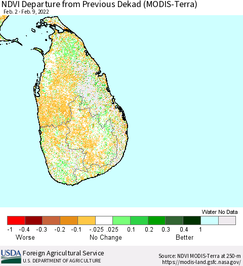 Sri Lanka NDVI Departure from Previous Dekad (Terra-MODIS) Thematic Map For 2/1/2022 - 2/10/2022