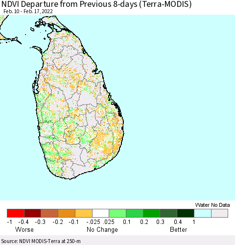 Sri Lanka NDVI Departure from Previous 8-days (Terra-MODIS) Thematic Map For 2/10/2022 - 2/17/2022