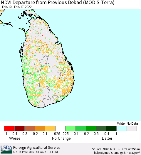 Sri Lanka NDVI Departure from Previous Dekad (Terra-MODIS) Thematic Map For 2/11/2022 - 2/20/2022