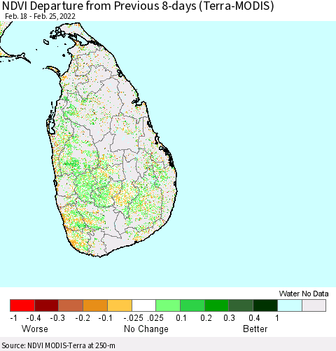 Sri Lanka NDVI Departure from Previous 8-days (Terra-MODIS) Thematic Map For 2/18/2022 - 2/25/2022