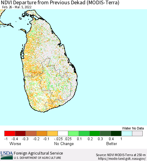 Sri Lanka NDVI Departure from Previous Dekad (Terra-MODIS) Thematic Map For 3/1/2022 - 3/10/2022