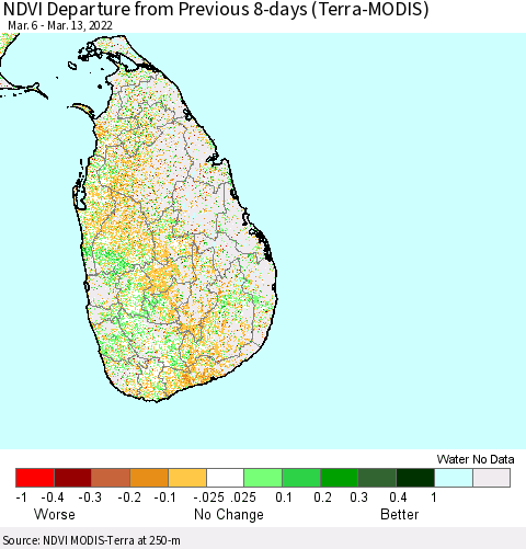 Sri Lanka NDVI Departure from Previous 8-days (Terra-MODIS) Thematic Map For 3/6/2022 - 3/13/2022