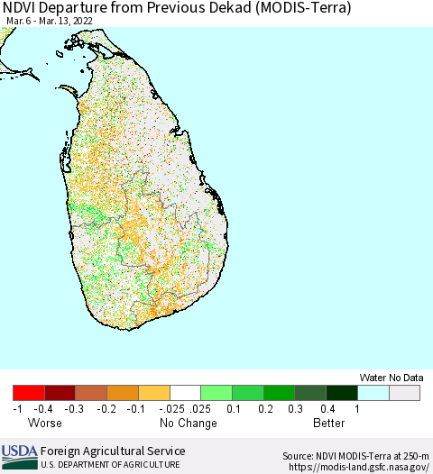 Sri Lanka NDVI Departure from Previous Dekad (Terra-MODIS) Thematic Map For 3/11/2022 - 3/20/2022