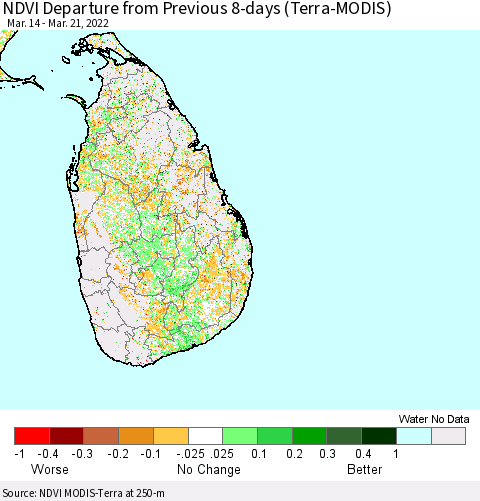 Sri Lanka NDVI Departure from Previous 8-days (Terra-MODIS) Thematic Map For 3/14/2022 - 3/21/2022