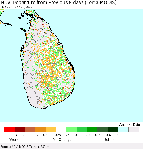 Sri Lanka NDVI Departure from Previous 8-days (Terra-MODIS) Thematic Map For 3/22/2022 - 3/29/2022
