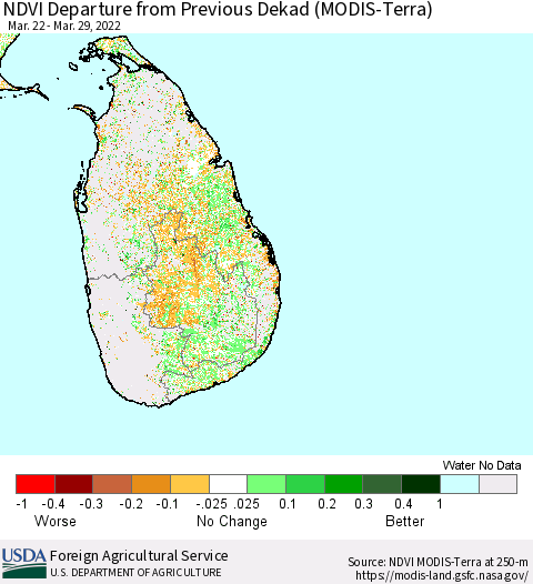 Sri Lanka NDVI Departure from Previous Dekad (Terra-MODIS) Thematic Map For 3/21/2022 - 3/31/2022