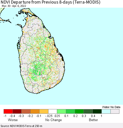 Sri Lanka NDVI Departure from Previous 8-days (Terra-MODIS) Thematic Map For 3/30/2022 - 4/6/2022