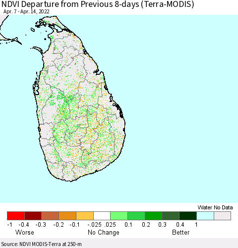 Sri Lanka NDVI Departure from Previous 8-days (Terra-MODIS) Thematic Map For 4/7/2022 - 4/14/2022