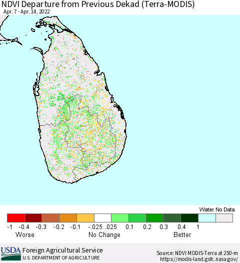 Sri Lanka NDVI Departure from Previous Dekad (Terra-MODIS) Thematic Map For 4/11/2022 - 4/20/2022