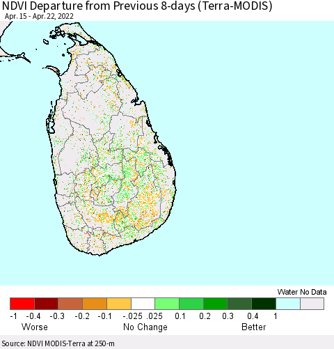 Sri Lanka NDVI Departure from Previous 8-days (Terra-MODIS) Thematic Map For 4/15/2022 - 4/22/2022