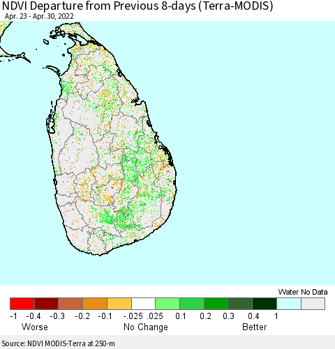 Sri Lanka NDVI Departure from Previous Dekad (Terra-MODIS) Thematic Map For 4/21/2022 - 4/30/2022