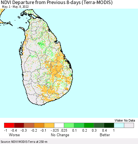 Sri Lanka NDVI Departure from Previous 8-days (Terra-MODIS) Thematic Map For 5/1/2022 - 5/8/2022