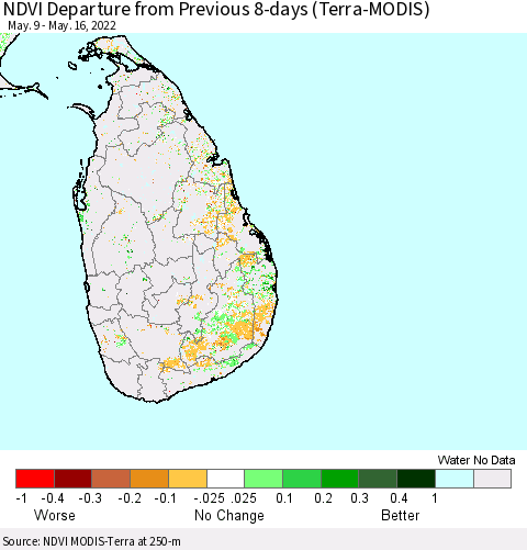 Sri Lanka NDVI Departure from Previous 8-days (Terra-MODIS) Thematic Map For 5/9/2022 - 5/16/2022