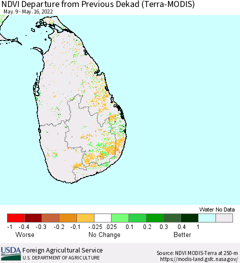 Sri Lanka NDVI Departure from Previous Dekad (Terra-MODIS) Thematic Map For 5/11/2022 - 5/20/2022