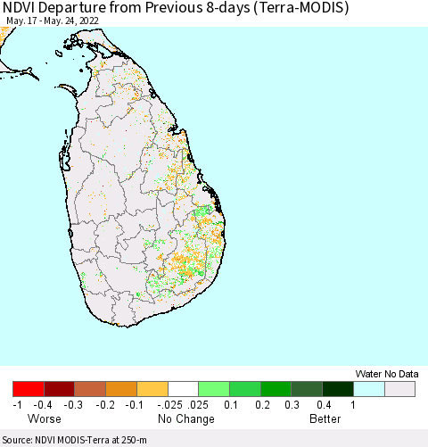Sri Lanka NDVI Departure from Previous 8-days (Terra-MODIS) Thematic Map For 5/17/2022 - 5/24/2022
