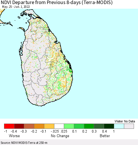 Sri Lanka NDVI Departure from Previous 8-days (Terra-MODIS) Thematic Map For 5/25/2022 - 6/1/2022