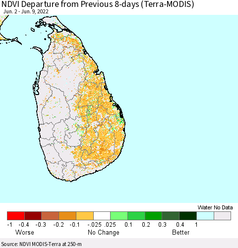 Sri Lanka NDVI Departure from Previous 8-days (Terra-MODIS) Thematic Map For 6/2/2022 - 6/9/2022