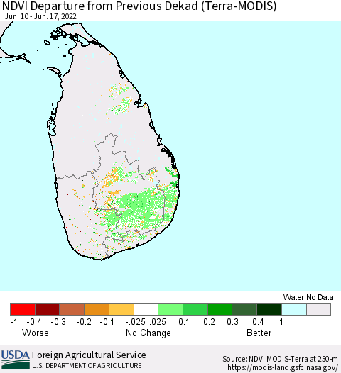 Sri Lanka NDVI Departure from Previous Dekad (Terra-MODIS) Thematic Map For 6/11/2022 - 6/20/2022