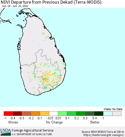 Sri Lanka NDVI Departure from Previous Dekad (Terra-MODIS) Thematic Map For 6/21/2022 - 6/30/2022
