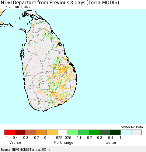 Sri Lanka NDVI Departure from Previous 8-days (Terra-MODIS) Thematic Map For 6/26/2022 - 7/3/2022