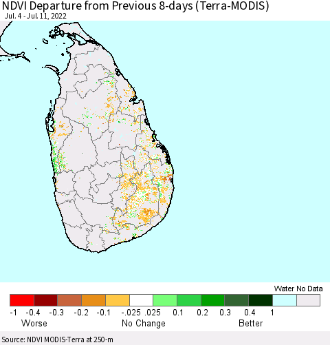 Sri Lanka NDVI Departure from Previous 8-days (Terra-MODIS) Thematic Map For 7/4/2022 - 7/11/2022