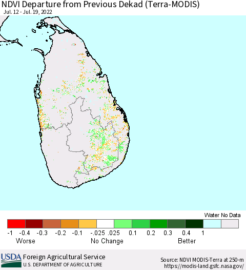 Sri Lanka NDVI Departure from Previous Dekad (Terra-MODIS) Thematic Map For 7/11/2022 - 7/20/2022