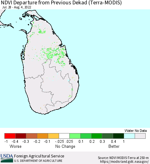 Sri Lanka NDVI Departure from Previous Dekad (Terra-MODIS) Thematic Map For 8/1/2022 - 8/10/2022
