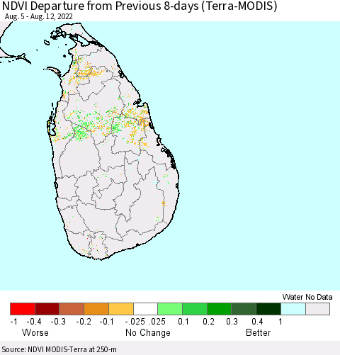 Sri Lanka NDVI Departure from Previous 8-days (Terra-MODIS) Thematic Map For 8/5/2022 - 8/12/2022